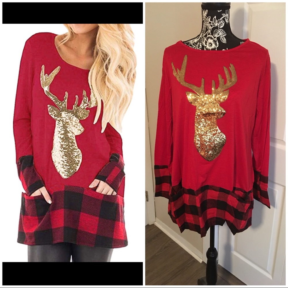 Red Reindeer Plaid Top with Pockets 💕also in PLUS💕